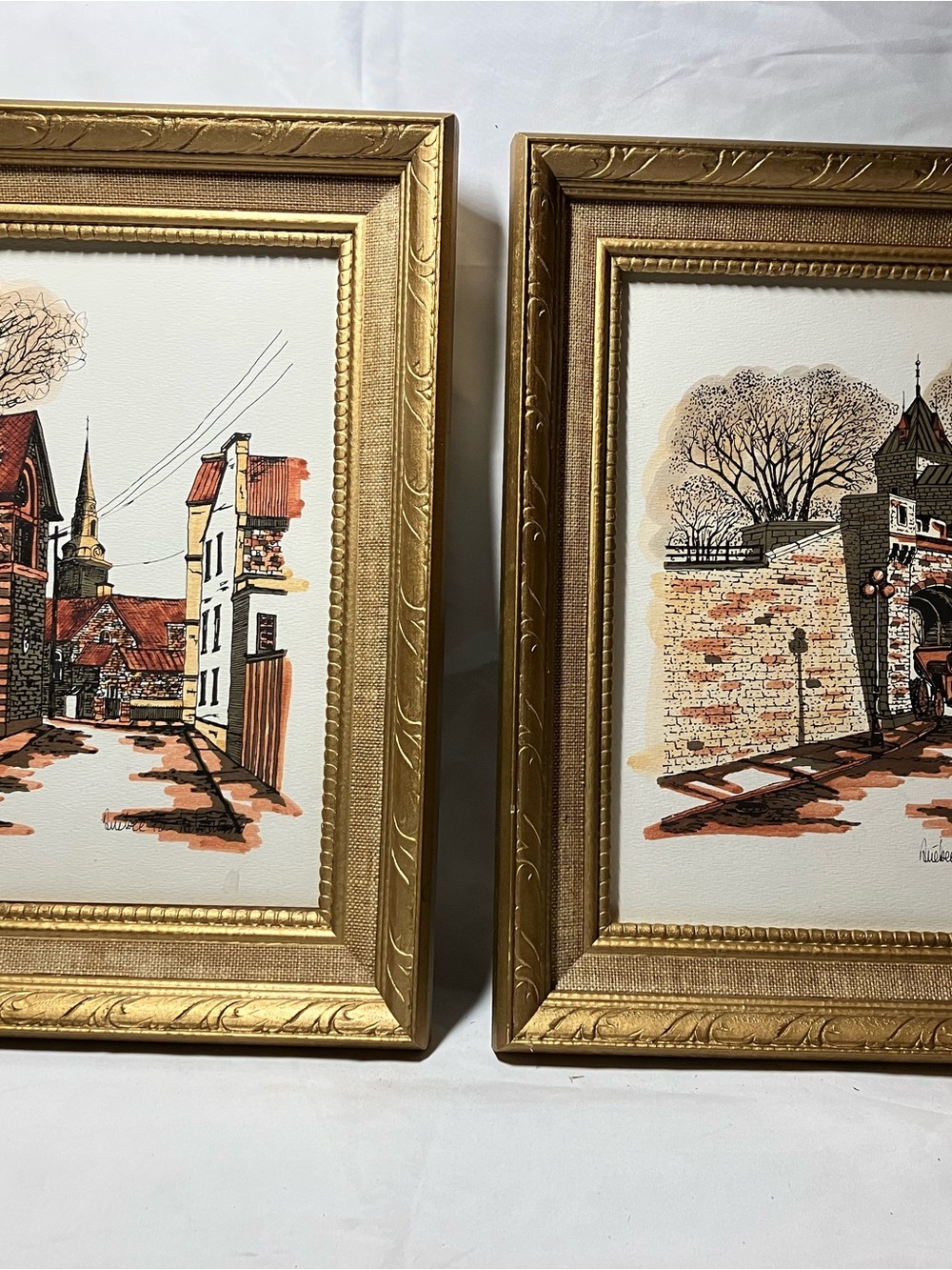 Gold-Framed Mixed Media Cityscape Wall Art Pair